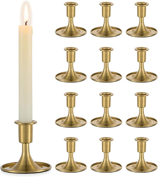Romadedi Gold Candlestick Candle Holders - Brass Taper Holders Candle Stick for Wedding Table Centerpiece Festive Christmas Mantel Decoration Home Decor, Set of 12