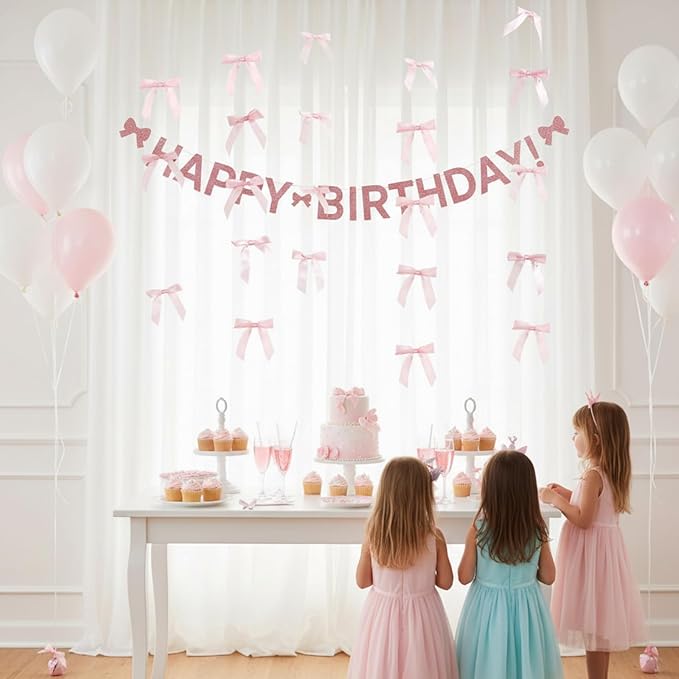 Taobary 8 Pcs 6.6 ft Bow Garland, Satin Ribbon Bow Banner Coquette Hanging Ornament for Photo Backdrop Birthday Party Wedding Bridal Baby Shower Wall Decorations(Pink,1 Inch)