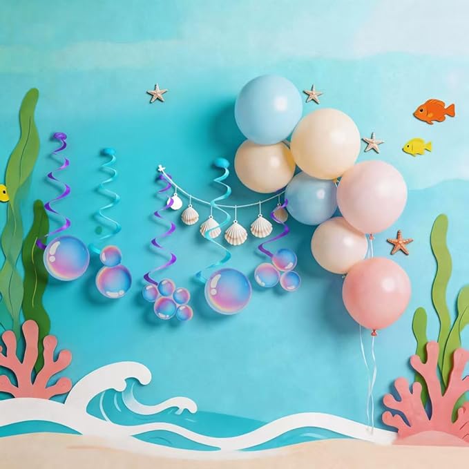 Hanging Spiral Bubble Decor - Under The Sea Party Decorations for Mermaid Birthday, Ocean Theme Bedroom & Bathroom