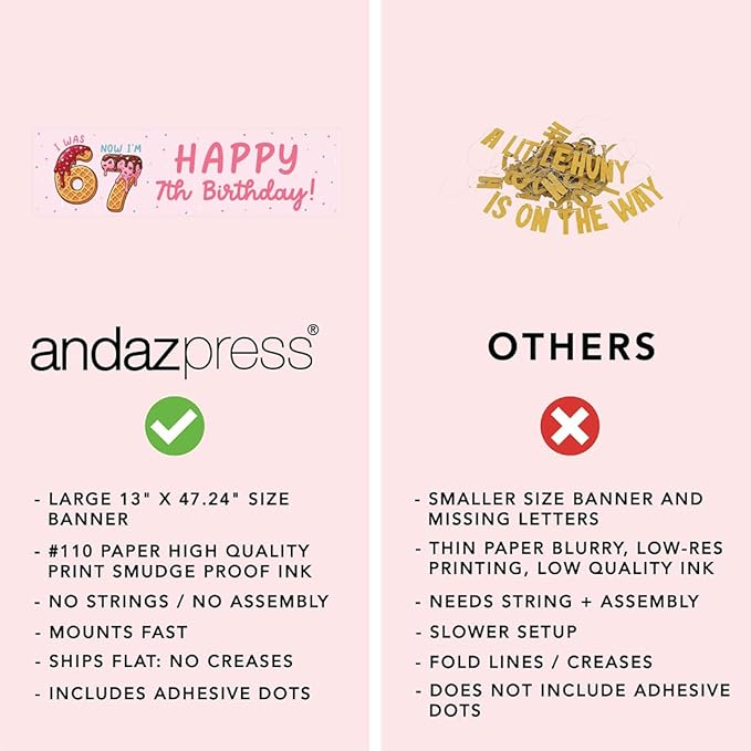 Andaz Press 13x48 Inch 6 7 Birthday Banner Decorations, I Was 6 Now I'm 7 Birthday Banner Ice Cream Theme Design 67 Happy Birthday Party Banner for Boys or Girls, Home or Party Decor Backdrop Sign