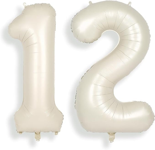 SUWEN 40 Inch Cream White Large 12 Number Balloons Big Foil Helium Number Balloons 0-9 Jumbo Happy 12th Mylar Birthday Party Decorations for Boy or Girl 21 Anniversary Party Supplies