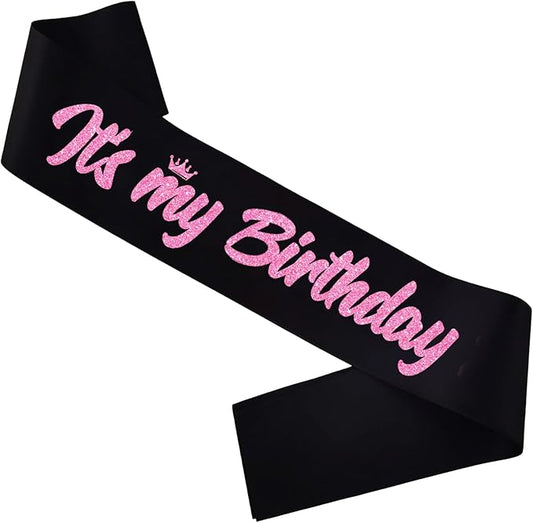 It's My Birthday Sash Black with Glitter Pink Letters Happy Birthday Sash for Women Girl Bday Gift Ideas Party Favors