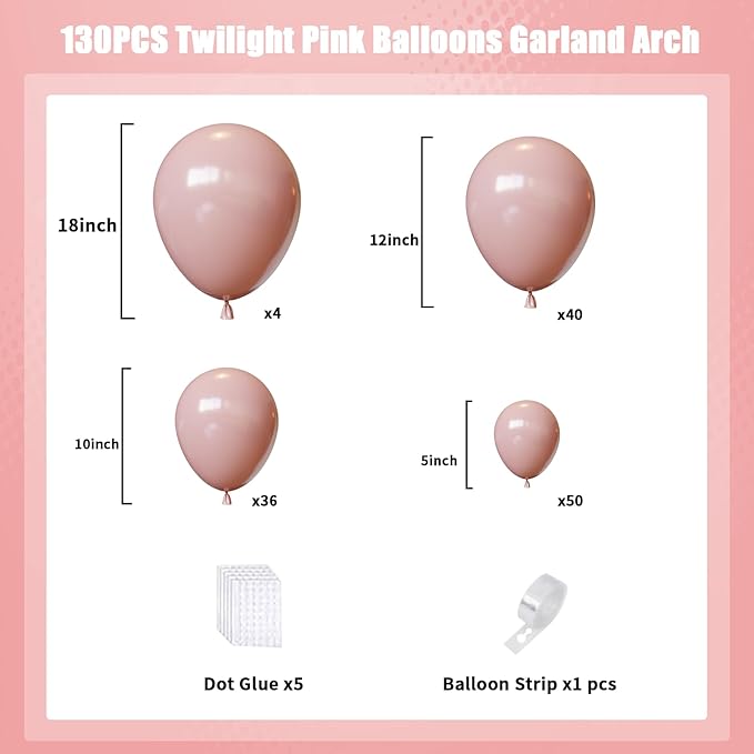 Dusty Pink Balloons Arch Kit,130pcs Blush Pink Balloon Garland,Different Sizes Pink Latex Balloons for Wedding,Birthday Party,Baby Shower,Gender Reveal,Anniversary Decorations