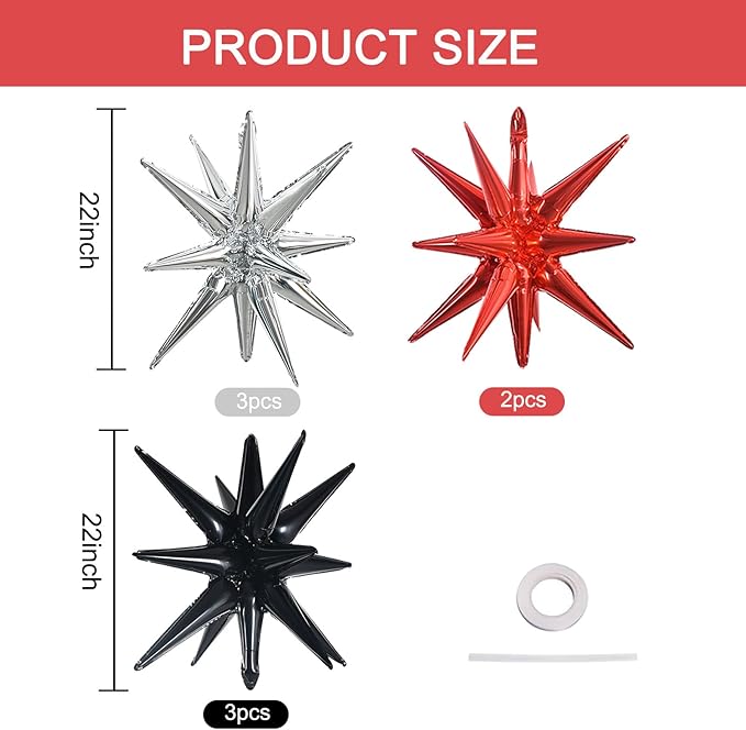 TONIFUL 8 Pcs Black Silver Red Foil Balloons Large Star Balloons Explosion Star Mylar Balloons for Party Backdrop Christmas New Year Birthday Wedding Baby Shower Anniversary Photo Booth Supplies