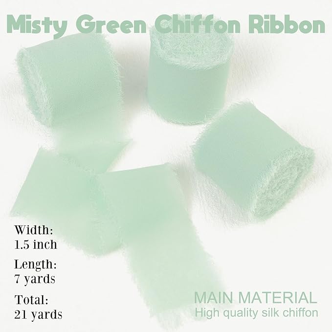 Mint Green Chiffon Ribbon - 1-1/2 Inch x 21 Yards, Handmade Fringe, Silk, Boho Frayed, Misty Green for Gift Wrapping, Wedding Invitation, Bridal Flower Bouquets