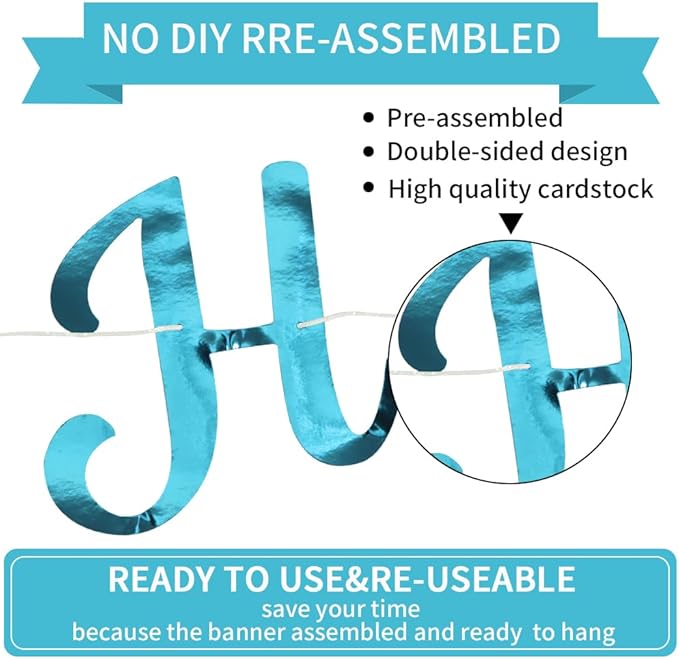 BEISHIDA Happy Birthday Banner - NO DIY,Double-Sided Lake Blue 10Feet Pre-Strung-Glitter Birthday Sign Garland Backdrop Decorations for Women men Party