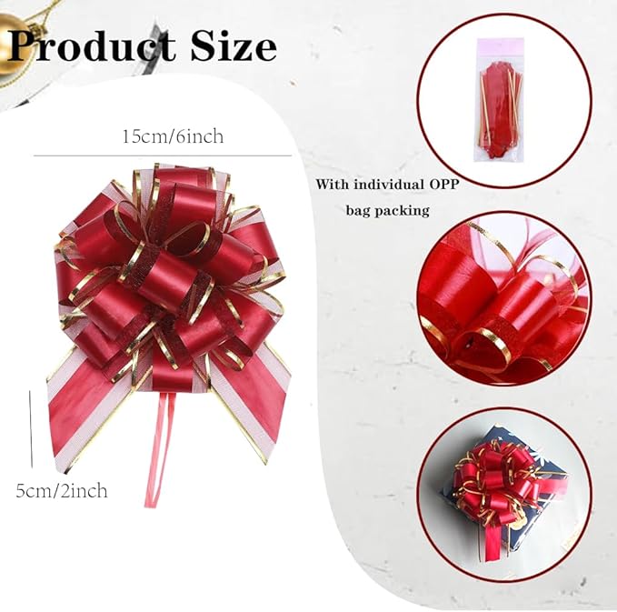 HQJAXJ 6 Pieces Bows for Gift Wrapping Pull Bow Ribbon Pull Bows for Christmas Wedding Baskets Valentine's Day Bows 6 inch Pull Bow for Gift Wrapping (Wine Red)