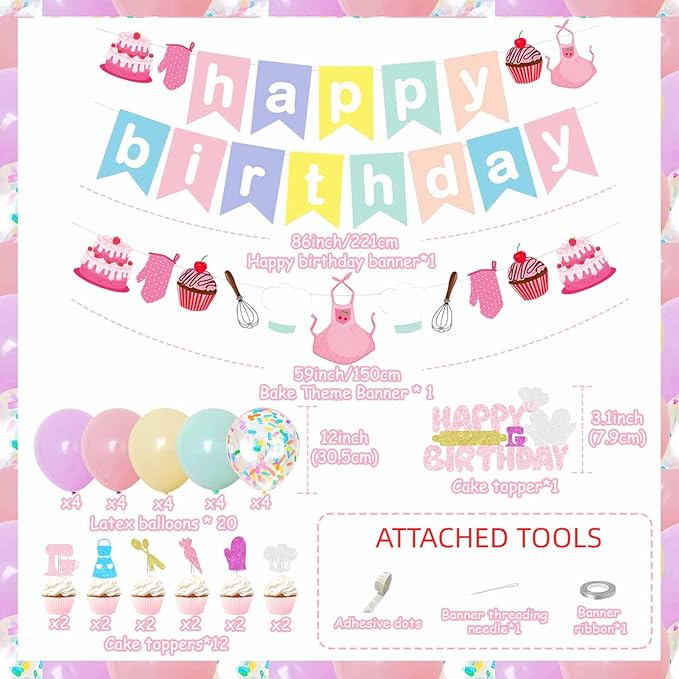 Baking Birthday Party Decorations Macaron Happy Birthday Banner Bakery Garland Baking Tool Cake & Cupcake Toppers Rainbow Latex Balloons for Girls Little Baker Birthday Party Supplies