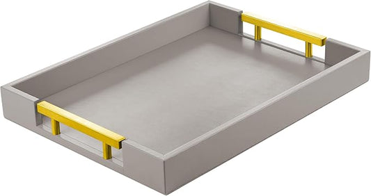 ATZYmolin Leather Serving Tray with Gold Polished Metal Handles, Home Decorative Wooden Rectangle Ottoman Decor Platter Bathroom Vanity Tray for All Occasions Grey