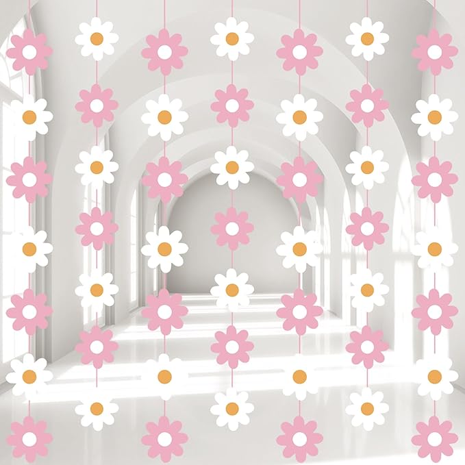 Pasimy 8 Pcs Daisy Boho Party Decorations Groovy Daisy Paper Garlands White Flower Hanging Garland Banner Hippie Flower Cutouts for Birthday Shower Wedding Party Favor Supplies(Fashion,Pink)