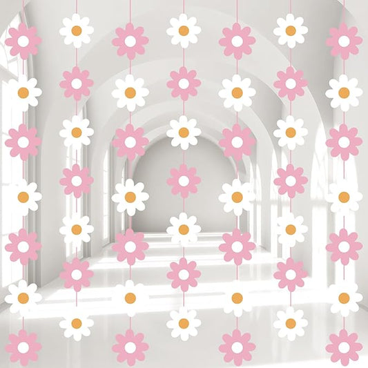 Pasimy 8 Pcs Daisy Boho Party Decorations Groovy Daisy Paper Garlands White Flower Hanging Garland Banner Hippie Flower Cutouts for Birthday Shower Wedding Party Favor Supplies(Fashion,Pink)