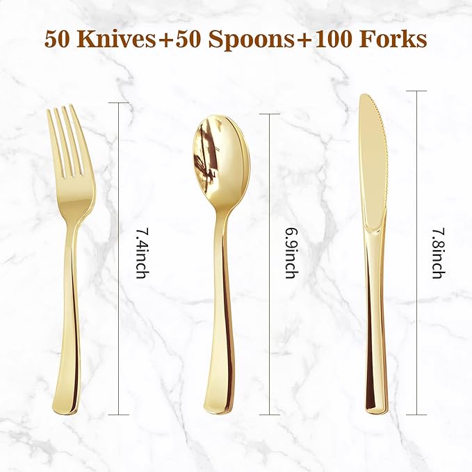 BESTVIP 200PCS Gold Plastic Silverware, Gold Disposable Utensils, Heavy Duty Cutlery Set of 100 Forks, 50 Spoons, 50 Knives for Parties, Weddings, Catering and Daily Use
