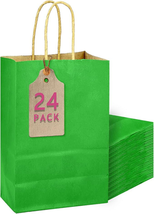 qiqee Bamboo Green Gift Bag with Handles Bulk 24Pcs Paper Bags -10.6"x8.3"x4.3"Party Favor Bags - Solid Color
