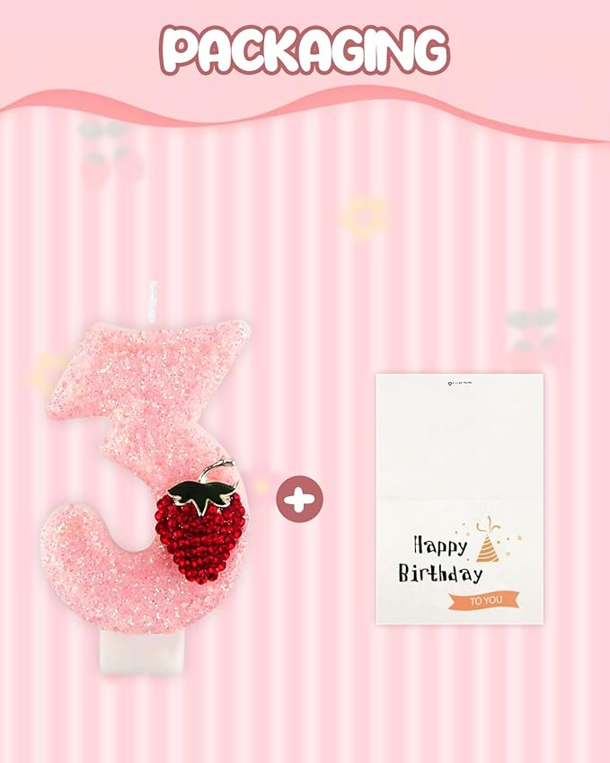 Birthday Candles for Cake, Pink Number Candles, Cake Candles with Greeting Card for Birthday Party Wedding Anniversary Celebrations (Strawberry 3 Candle)