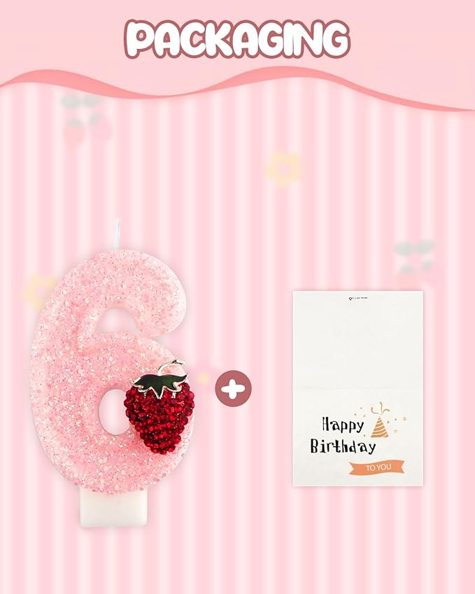 Birthday Candles for Cake, Pink Number Candles, Cake Candles with Greeting Card for Birthday Party Wedding Anniversary Celebrations (Strawberry 6 Candle)