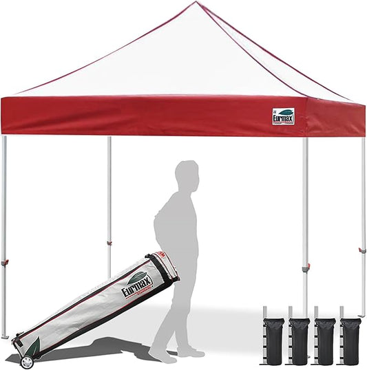 Eurmax USA 10x10ft Pop Up Canopy,Commercial Instant Tent for Outdoor Events,Patented No-Tip Rolling Storage Bag with 4 Sandbags,UV & Water Resistant,Heavy Duty Portable Shelter Gazebo,Red&White