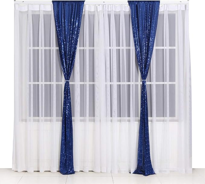 SquarePie 2 PCS 2x8ft Navy Blue Sequin Backdrop Curtains, Satin-Backed Shimmering Photo Booth Background, 2 Panels Narrow Real Sequin Drapes with 4" Rod Pocket for Party, Baby Shower, Doorway Decor