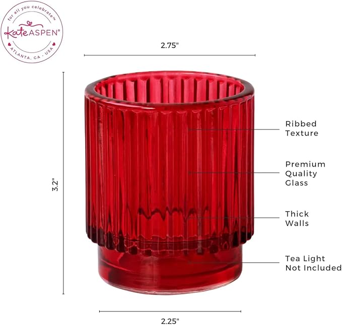 Kate Aspen 24PCS Vintage Ribbed Red Glass Tealight & Votive Candle Holders, Fall Decor, Boho Decor, Shelf Decoration for Wedding, Bachelorette, Bridal Shower & Anniversary