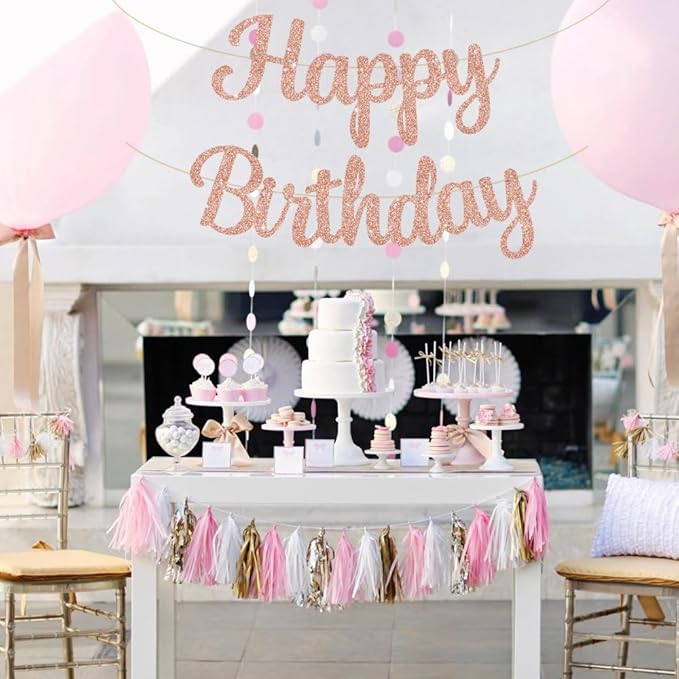 BEISHIDA Happy Birthday Banner - NO DIY,Rose Gold 10Feet Pre-Strung-Glitter Birthday Sign Garland Backdrop Decorations for Women men Party