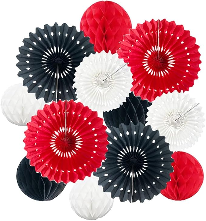 12pcs 6’’ 8’’ Honeycomb Balls Tissue Paper Fans Party Honeycomb Ball Fans Wall Tissue Pom Poms Flower Ball Hanging Paper Fans for Party Baby Shower Birthday Wedding Nursery Decor(red Black White kit)