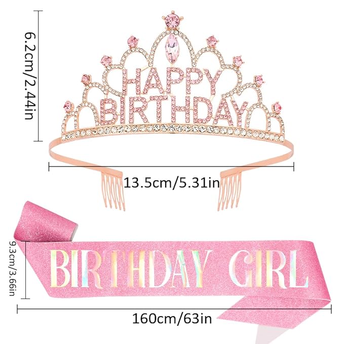 Pink Happy Birthday Crown and Sash for Women Pink Tiaras for Women Birthday Crowns for Girls Princess Crown for Girls Rhinestone Happy Birthday Hair Accessories