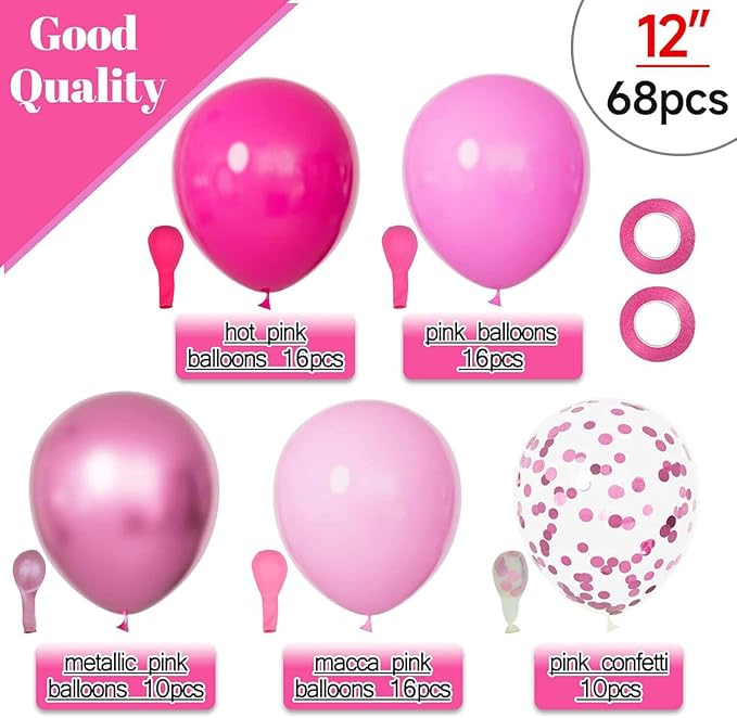 68Pcs Pink Balloons Kit 12 Inch Metallic Pink Balloon, Pink Confetti Balloon and Baby Pink Party Balloons with Ribbons for Birthday, Wedding, Baby Shower, Graduation Decorations.