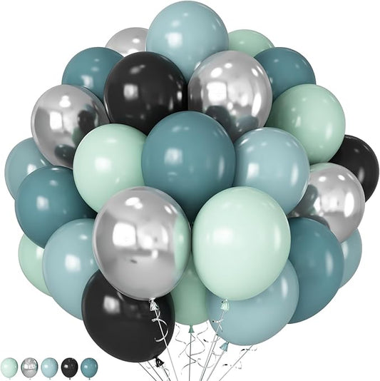 HILAVO Dusty Blue and Black Balloons 60pcs 12 Inch Race Car Slate Light Pale Blue Green Black Metallic Silver Latex Helium Balloon for Boys Race Car Fast Birthday Safari Baby Shower Party Decorations