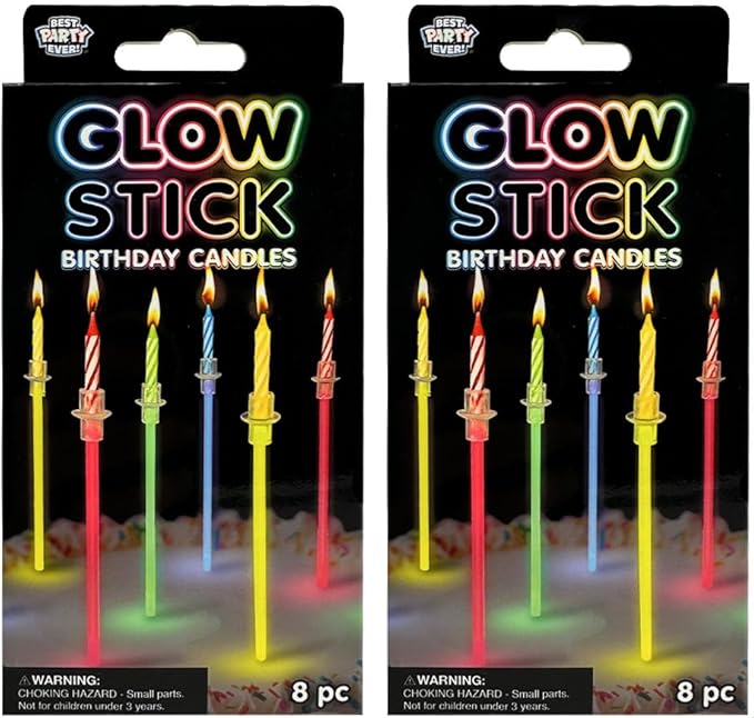 BEST PARTY EVER! Glow Stick Birthday Candles for Cake, Glowing Party Favors, 2 Pack (16 Total)