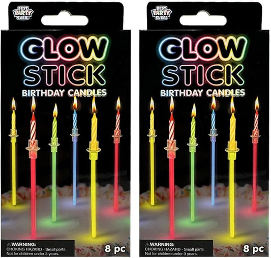 BEST PARTY EVER! Glow Stick Birthday Candles for Cake, Glowing Party Favors, 2 Pack (16 Total)