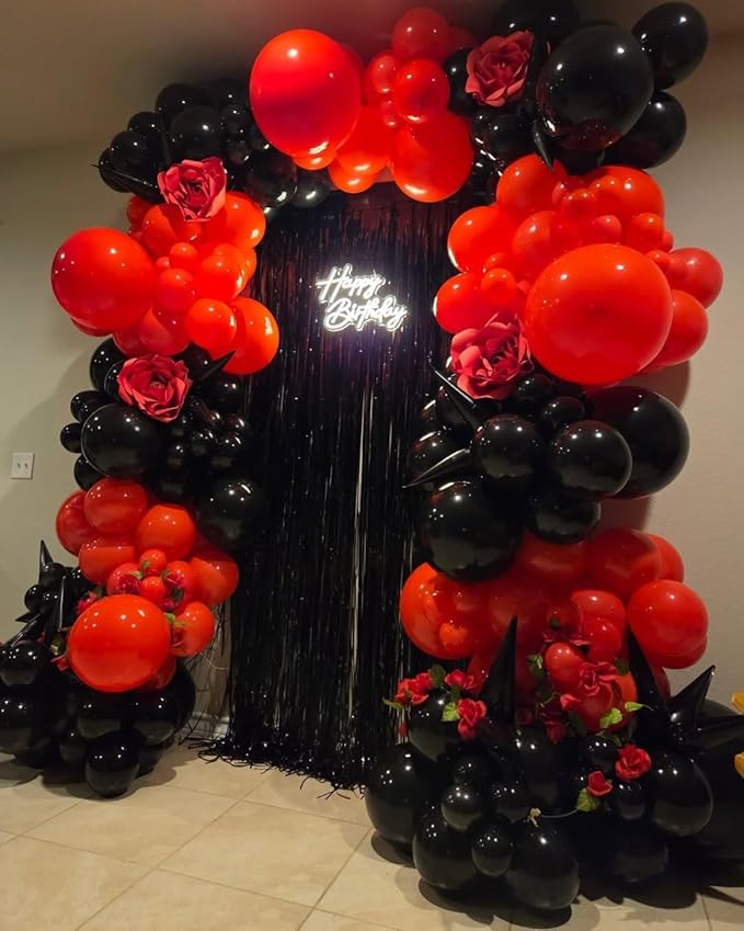 Red and Black Balloons Garland Arch Kit with Stars 200Pcs - 5 10 12 18 22inch Balloon and Confetti Balloons for 2025 Graduation Birthday Anniversary BBQ Casino New Year Prom Party Decorations