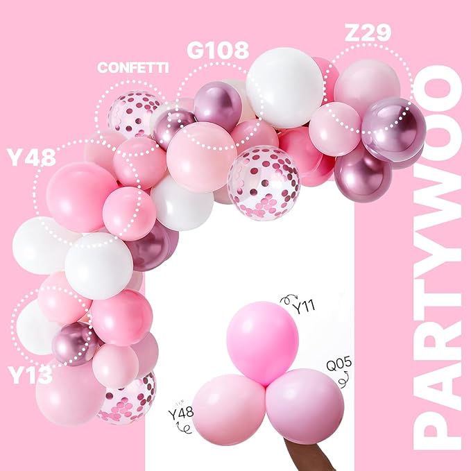 PartyWoo Pink and White Balloons 66pcs 12 Inch Light Pastel Baby Metallic Pearl Pink Matte White Confetti Balloons for Gender Reveal Wedding Bridal Girl Baby Shower Princess Birthday Party Decorations