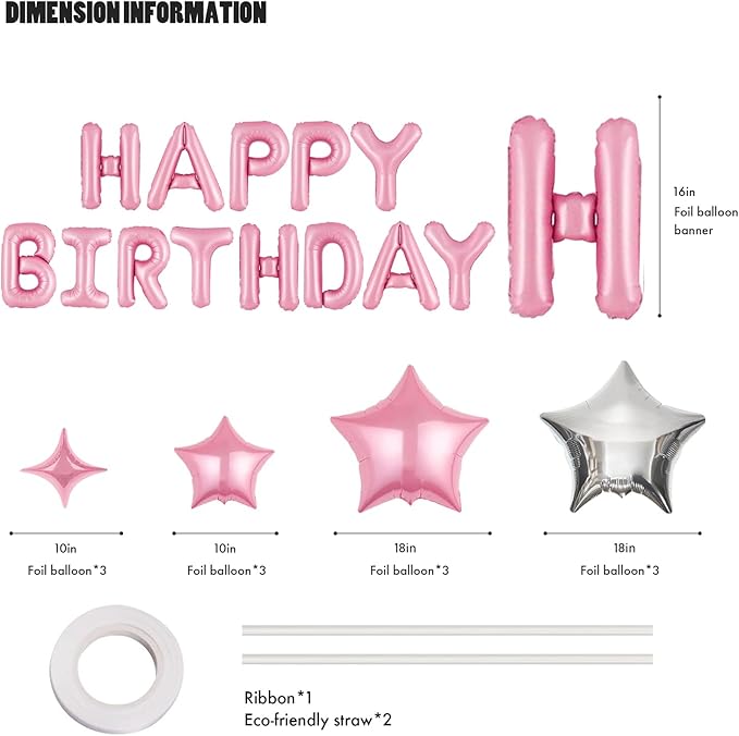 CANREVEL Happy Birthday Banner 13pcs 16 Inch Mylar Foil Letters with 12pcs Star Balloons Birthday Party Decorations for Kids and Adults - 3D Pink