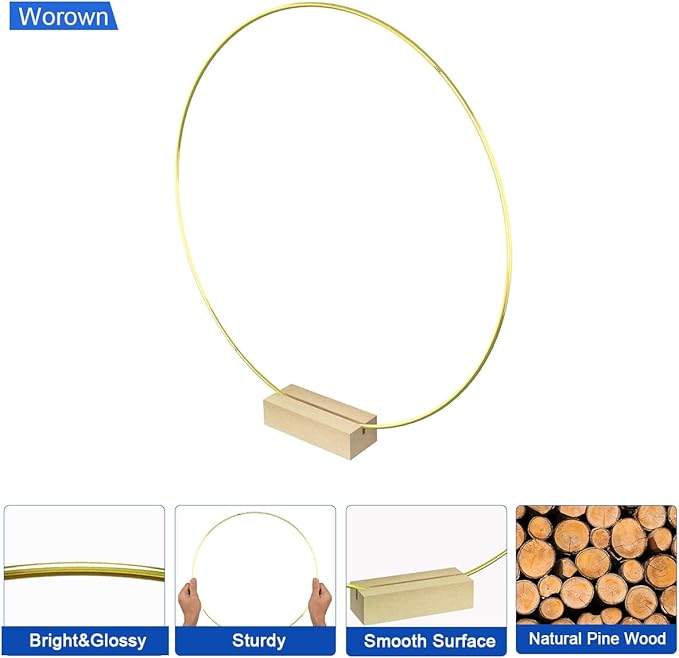 Worown 6 Set 8 inch Floral Hoop Centerpiece with Stand, Gold Metal Rings with Wooden Holder, Metal Hoop for Table Wreath Decor, Wedding, Party, Wall Hangings (8 Inch Hoops & 3.15 Inch Stands)