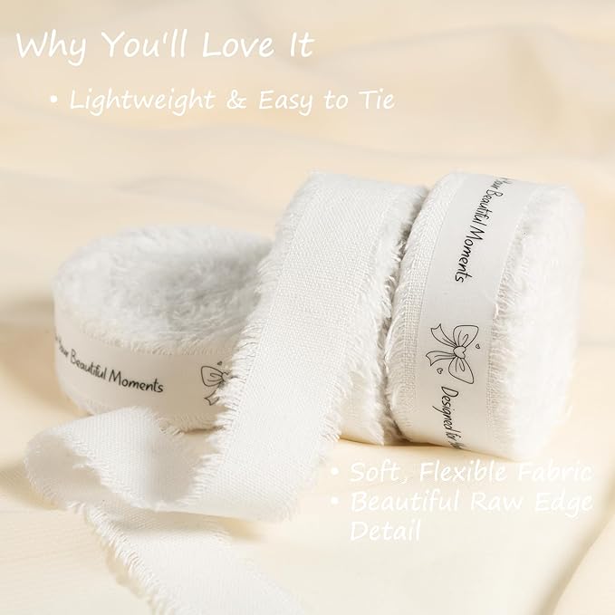 White Cotton Ribbon 5/8 Inch White 3 Rolls 21 Yards Frayed Edge Fabric Set for Wedding Invitations, Bridal Bouquet Wrap, Baby Shower, Christening & Gift Wrapping