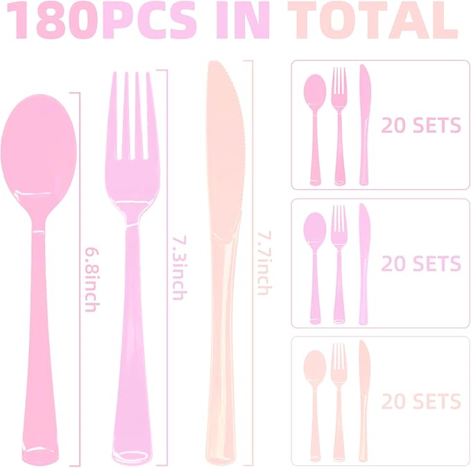 180 PCS Pink Plastic Silverware, Pink Plastic Cutlery Set Disposable 60 Forks, 60 Knives, 60 Spoons for Birthday, Valentine's Day, Baby Shower, Bridal Shower