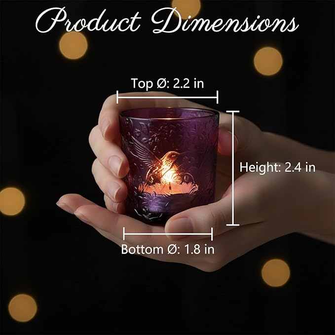6 Pack Hummingbird Embossed Glass Candle Holders – Votive Tealight Holders with Patent Design, Decorative Embossed Glass Cups for Wedding Centerpieces, Parties, and Home Décor (Amethyst Bloom)