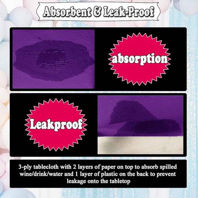 [6 Pack] Purple Paper Tablecloth Disposable for Rectangle Tables, 54 X 108 Inch Party Table Cover with Plastic Backing, Waterproof 3 Ply Table Cloth for Church Event Club Parties