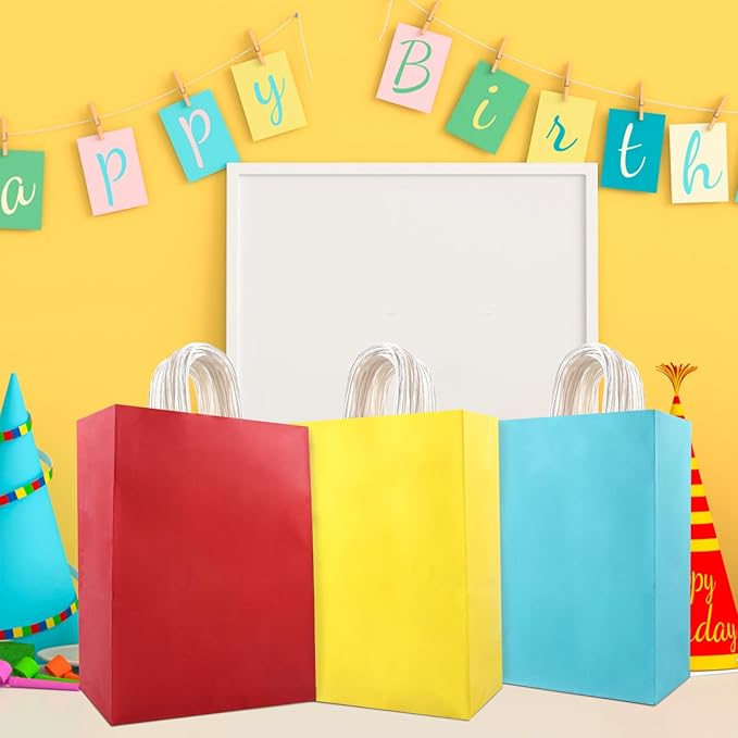 Mstar Pack 16Pcs Medium Kraft Paper Gift Bags with 8-Color Tissues, 8.26"×10.6"×4.3" Bulk Party Favor Bags with Handles - Fits Candies, Toys, Small Gifts for Kids Birthday, Baby Shower, Wedding, DIY Crafts