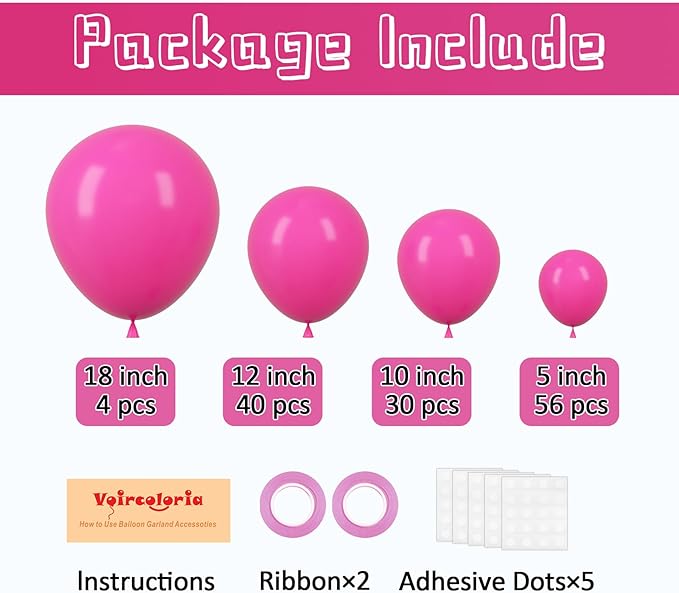 Voircoloria 130pcs Hot Pink Balloons Different Sizes 18" 12" 10" 5" Dark Pink Balloons for Birthday Graduation Baby Shower Wedding Anniversary Princess Theme Party Valentine's Day Decorations