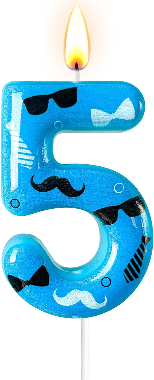 Number 5 Birthday Candle for Cake – Blue Gentleman Style with Sunglasses, Bow Tie & Mustache Design – Cool Cake Topper for Birthday Party Decoration