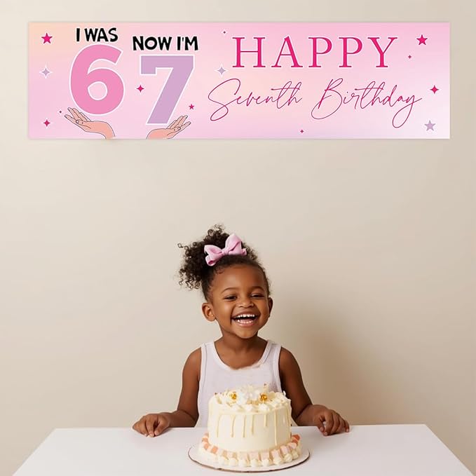 Andaz Press 13x48 Inch 6 7 Birthday Banner Decorations, I Was 6 Now I'm 7 Birthday Banner Pastel Purple Pink 67 Happy Birthday Party Banner for Girls, Home or Party Decor Backdrop Sign with Adhesive