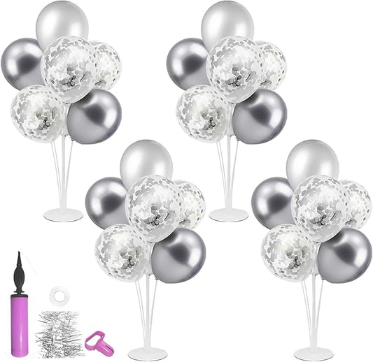ZJDHPTY Silver and Gray Party Decorations,4 Set Balloon Stand with Pump and Silver Gray Balloons for 25th Birthday 25th Anniversary Wedding Bridal Shower Graduation New Year Party Supplies
