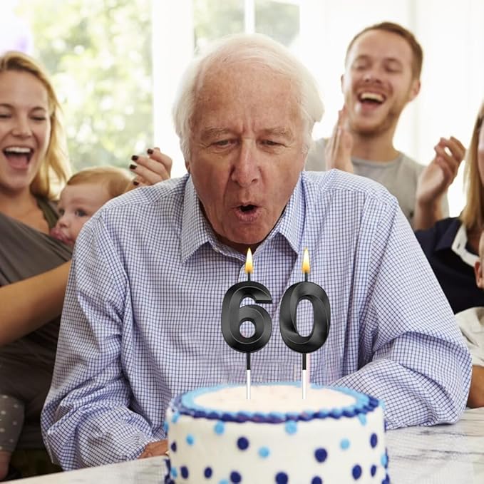 60th Birthday Candles Black 60th Birthday Cake Topper Happy Birthday Decorations Number 60 Candles for Cake Birthday Decorations for Him Her