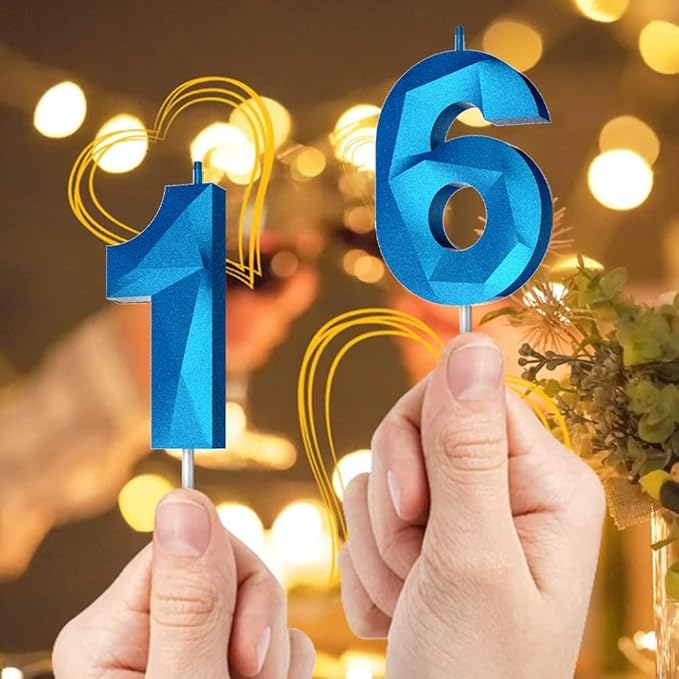 Number Birthday Candles(12 Candle Blue) 3D Diamond Shape Number Happy Birthday Cake Candles for Birthday Party Wedding Decoration Reunions Theme Party