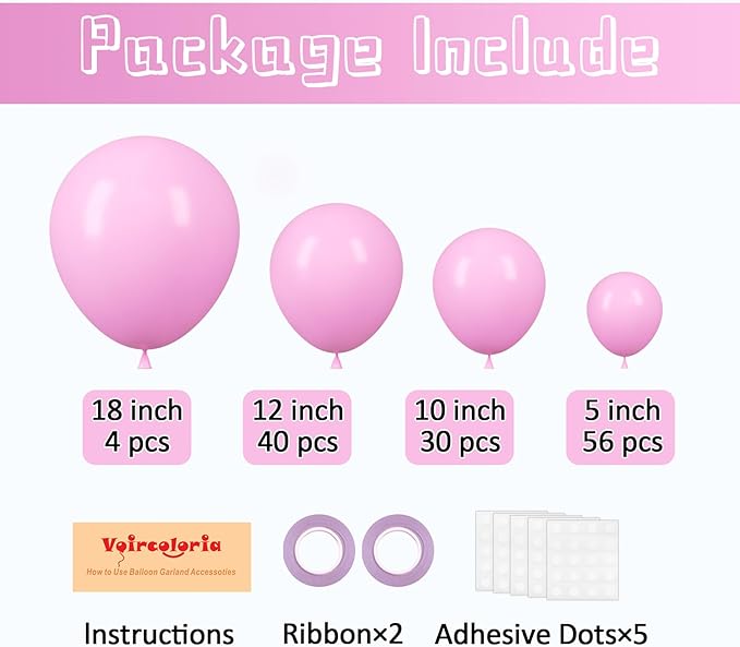 Voircoloria 130pcs Pink Balloons Different Sizes 18" 12" 10" 5" Party Latex Balloons for Birthday Baby Shower Wedding Anniversary Princess Theme Party Decorations