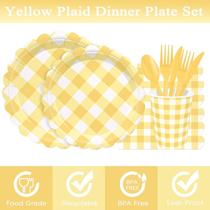 175 Pcs Yellow Scalloped Gingham Party Supplies for 25 Guests, Yellow and White Checkered Paper Plates, Cups and Napkins Sets for Baby & Bridal Shower, Wedding, Birthday Party, Outdoor Picnic