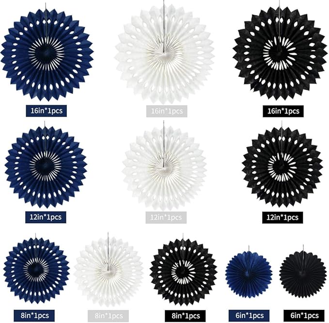 BEISHIDA Black Nary Blue White Tissue Hanging Honeycomb Round Paper Fans Decoration Set for Graduation Birthday Baby Bridal Shower Bachelorette Wedding Photo Booth Backdrops Party Supplies(11 Packs)