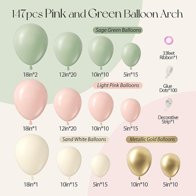 147pcs Pink and Green Balloon Arch Garland Kit, 5 10 12 18inch Sage Green Light Pink Sand White Gold Latex Balloons for Woodland Jungle Birthday Party Baby Shower Decorations