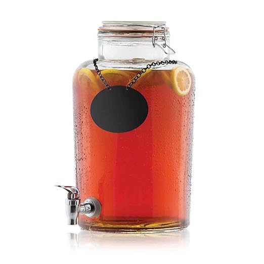 TableCraft BDG2000 Glass Beverage Dispenser, 2.5 Gal Rustic Country Drink Dispenser with Chrome Plated Faucet & Chalkboard Necklace, Clear Glass, 8.25" x 10.5" x 14", 1-Pack
