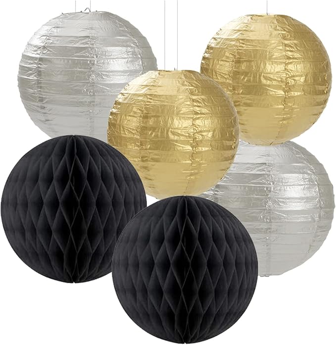 Black Gold Silver Party-Decorations Streamers-Lanterns - 14pcs Graduation 2026 Paper Fan,Tissue Flower Pom Poms Streamers,Honeycomb Balls,Men Birthday Wedding Baby Bridal Shower Decor Ouruola